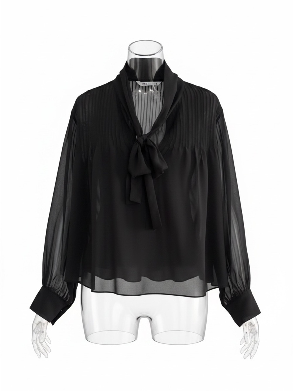 Zara Black Sheer Tie-Neck Blouse